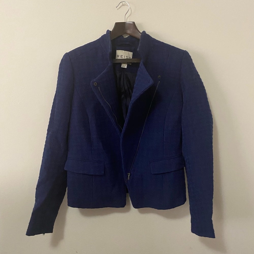 Reiss Blue Houndstooth Cotton Blend Jacket / Small